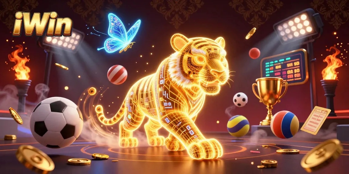 Experience the thrill of iWin with a dazzling neon casino scene featuring a golden tiger and sports elements.