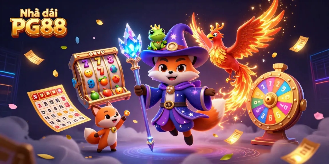 Engage in thrilling games at Nhà cái PG88 with a mystical wizard fox and vibrant 3D casino elements.