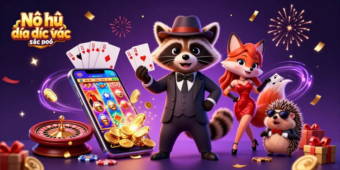 Experience the thrill of Nổ hũ đại dịch xác sống with a raccoon holding a royal flush in a lively casino atmosphere.