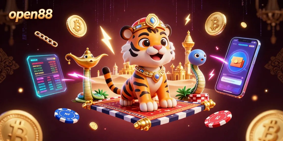 Experience the thrill of open88 with a vibrant 3D scene featuring a magical sultan amidst crypto elements.