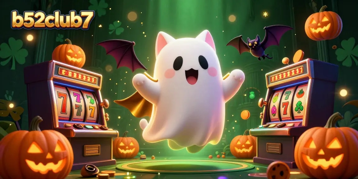 Experience thrilling gameplay with b52club7's friendly ghost cat, bursting with slot machines and vibrant poker jack-o-lanterns.