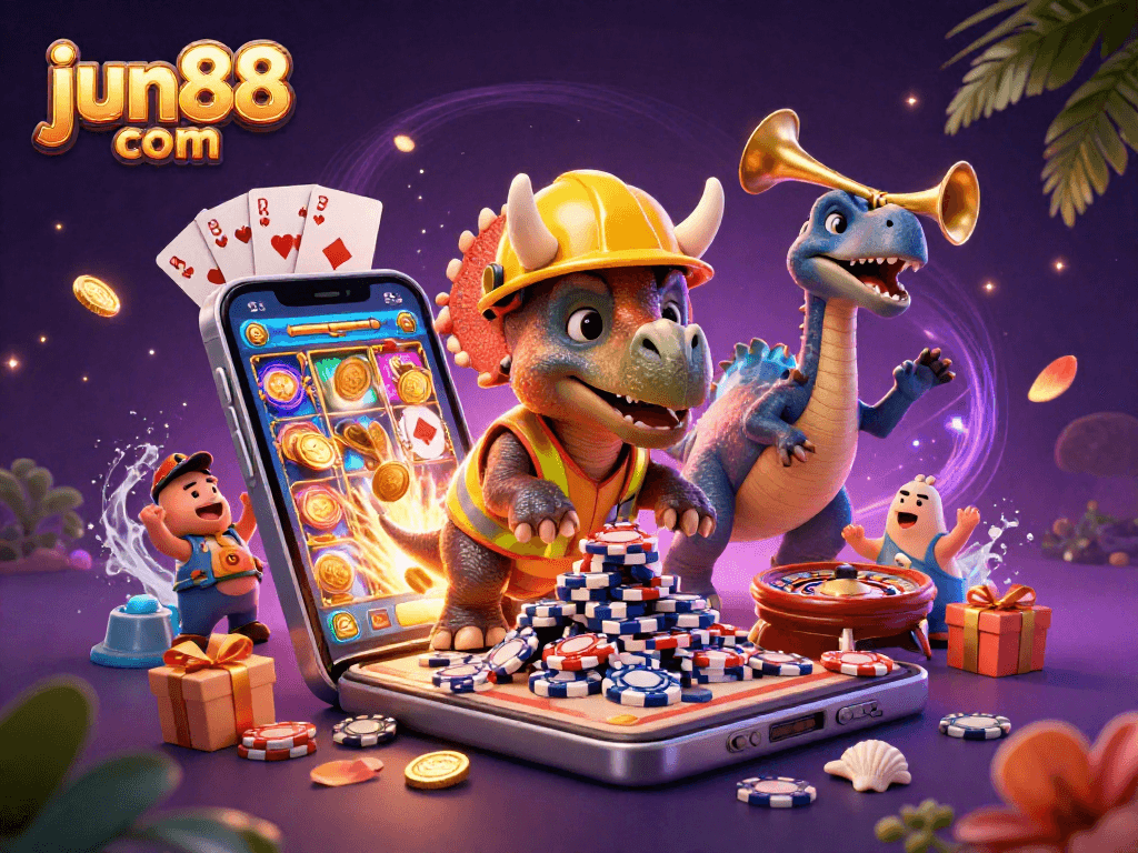Experience the thrill of jun88 com as a triceratops celebrates with poker chips and gaming elements.