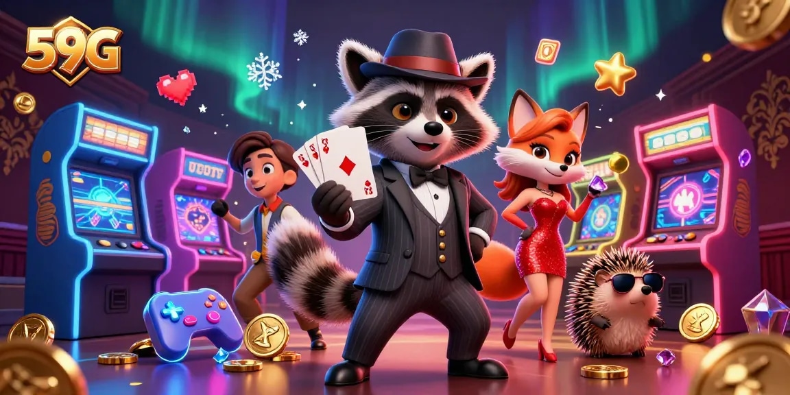 Experience thrilling gaming action with 59G as a suave raccoon holds a royal flush surrounded by colorful casino elements.