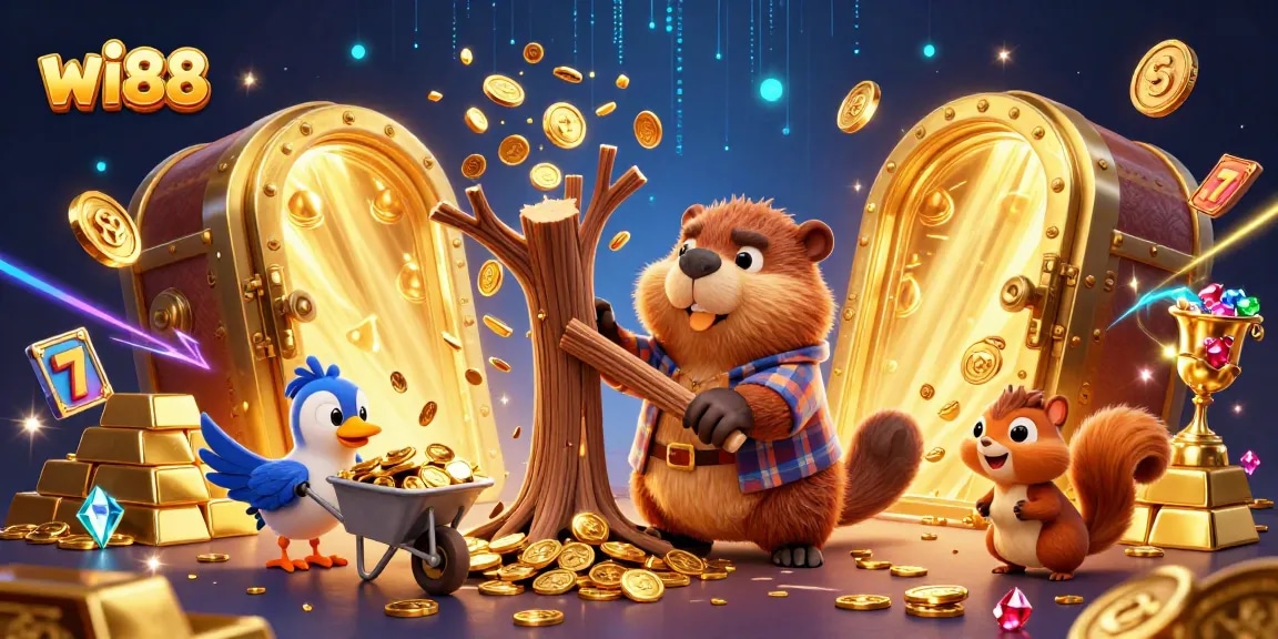 Experience winning with wi88 as golden coins rain from a tree in a lively casino scene.