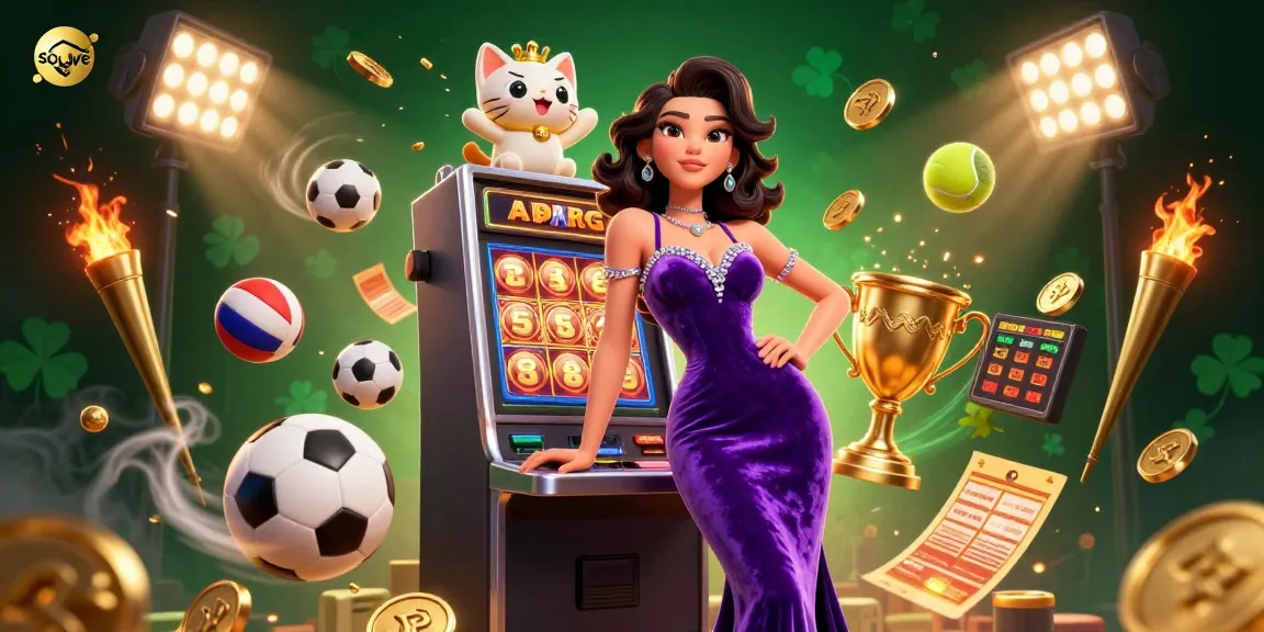 Socolive enhances viewing experience with dynamic elements featuring a woman with a fortune cat and sports symbols.