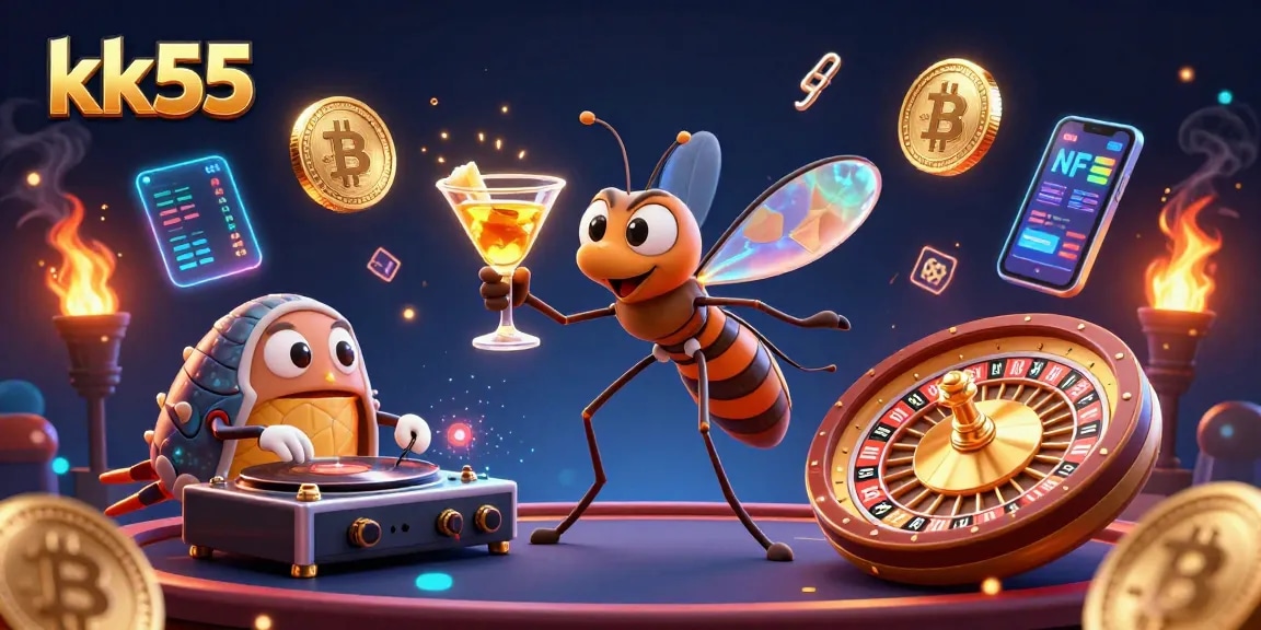 Engage with kk55 at this vibrant casino scene showcasing dynamic slots and crypto elements.
