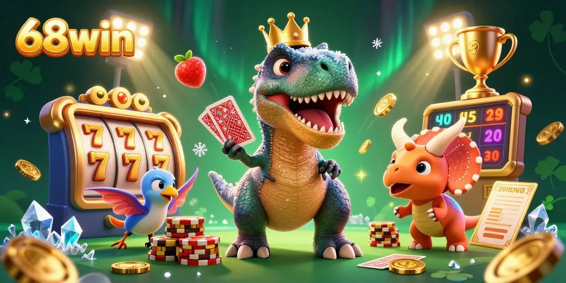 Experience thrilling action at 68win as a dinosaur shuffles cards and stacks chips in a vibrant casino setting.