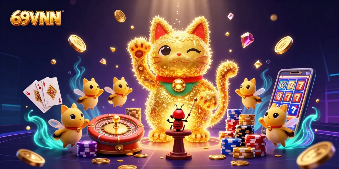 Experience the excitement of casino gaming with 69VNN featuring a golden lucky cat and dynamic game elements.
