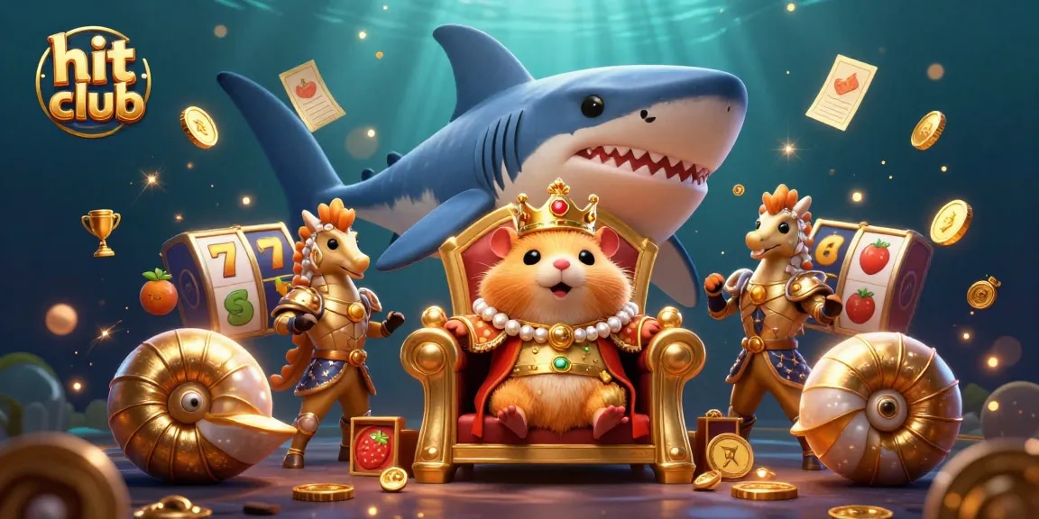 Experience the vibrant action of hit club with an animated casino scene showcasing a golden hamster king and slot elements.