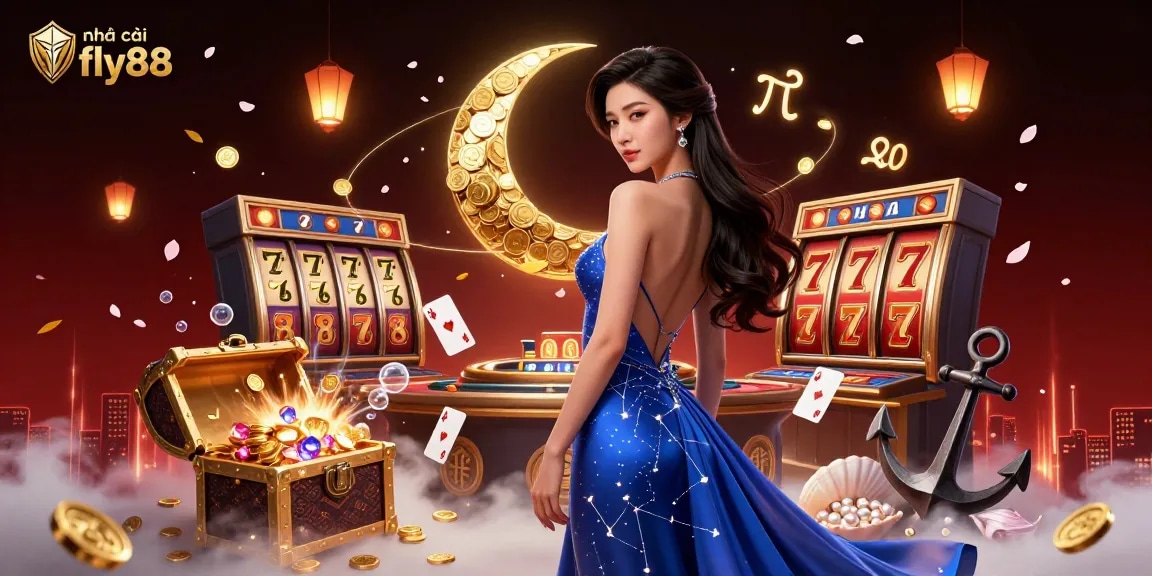 Engage with nhà cái fly88 through this captivating 3D illustration of an elegant Asian woman, adorned with celestial elements, amidst a vibrant casino scene.