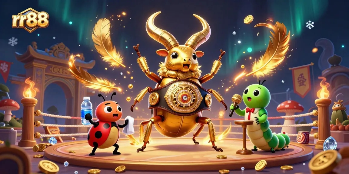 Experience thrilling gameplay at rr88 with a giant golden stag beetle in a boxing match setting surrounded by sparkling casino elements.