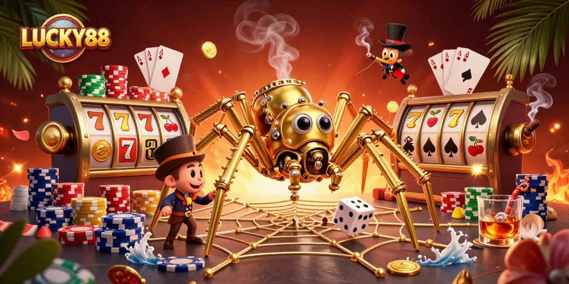 Experience the excitement of LUCKY88 with a steampunk spider caught in a web of golden chains and poker chips.