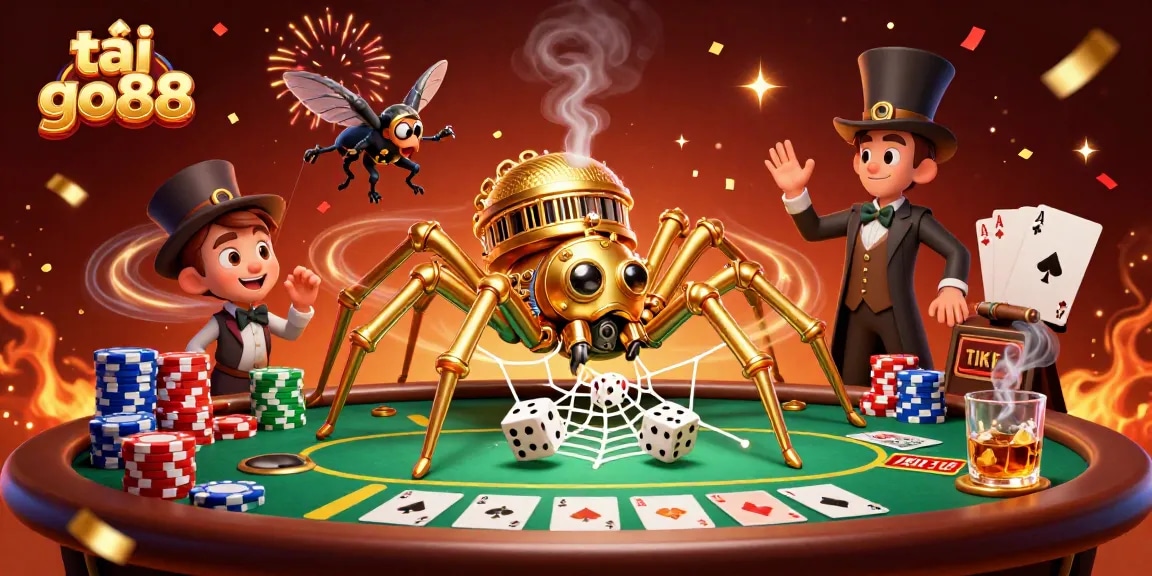 Experience the thrill of tải go88 with a vibrant casino scene featuring a steampunk spider and poker elements.