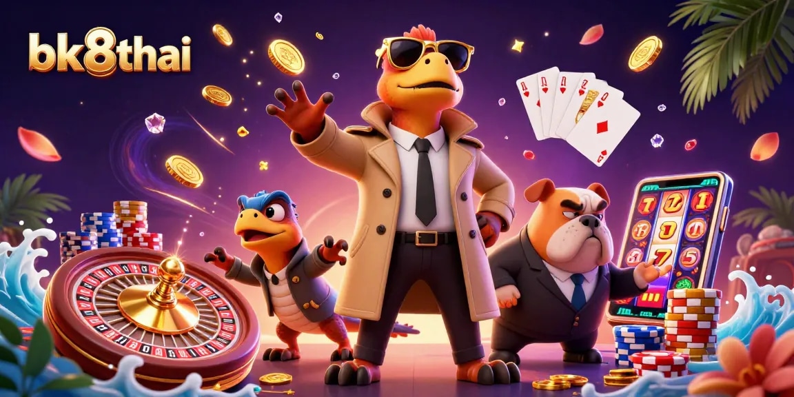 Experience thrilling wins with bk8thai while cartoon raptors entertain at a vibrant casino.