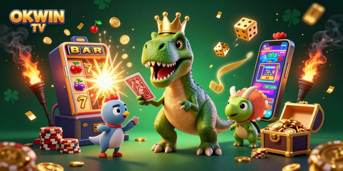 Watch OKWIN TV come alive as characters shuffle cards and stack chips in a vibrant casino scene.