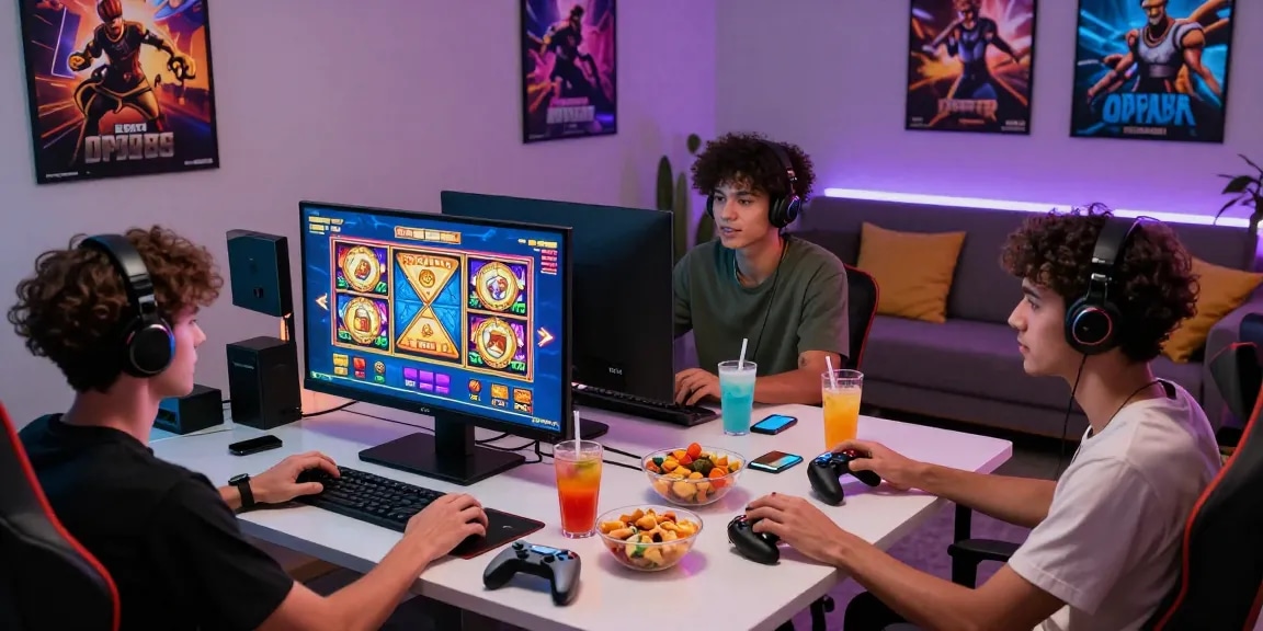 Engaging gaming scene with friends playing oppa86 slot games, vibrant visuals and cozy atmosphere.