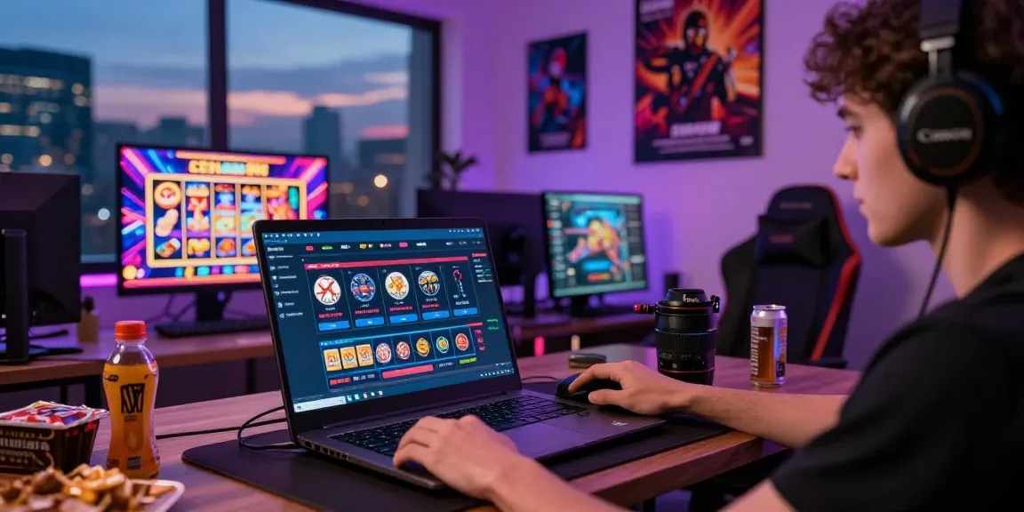 Engaging scene of a player using Bandar Togel 4D Resmi Togel88 gaming platform at home, showcasing interactive lottery results and a modern gaming setup.