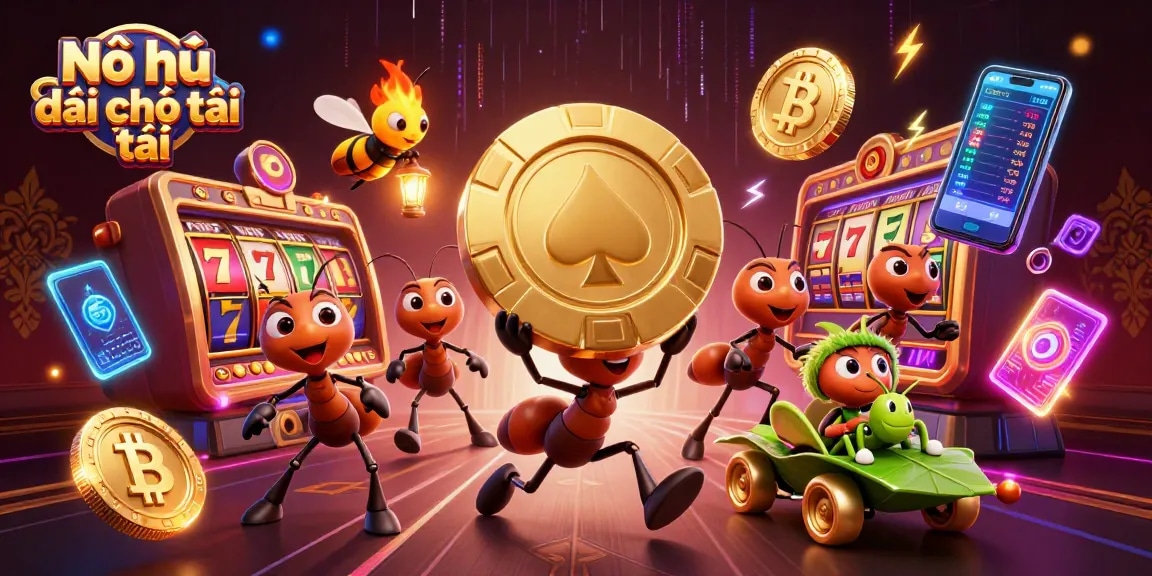 Nổ hũ đại phát tài brings exciting gameplay with 3D ants carrying a massive poker chip in a vibrant casino scene.