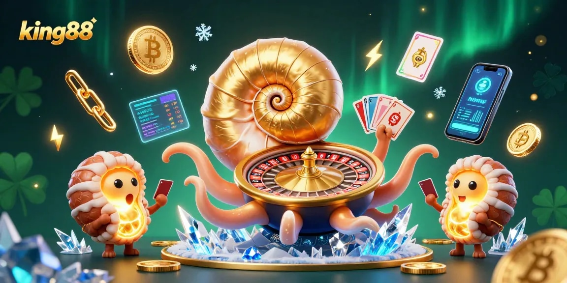 Join the excitement at king88, where a giant nautilus roulette wheel spins with glowing coins and cards.