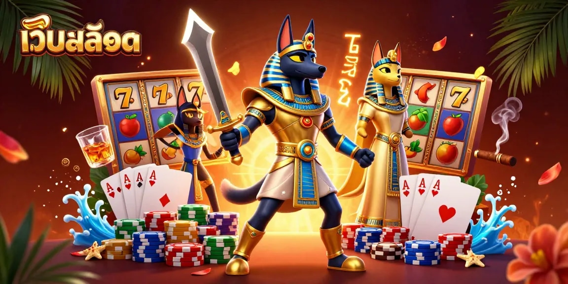 Engaging gambling scene showcasing เว็บสล็อต with Anubis and Bastet amidst slot reels and poker elements.