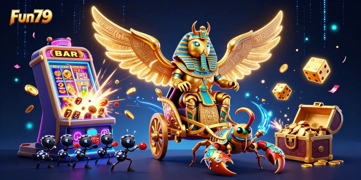 Fun79 players can enjoy thrilling games with exciting jackpots and colorful casino elements in this dynamic illustration.