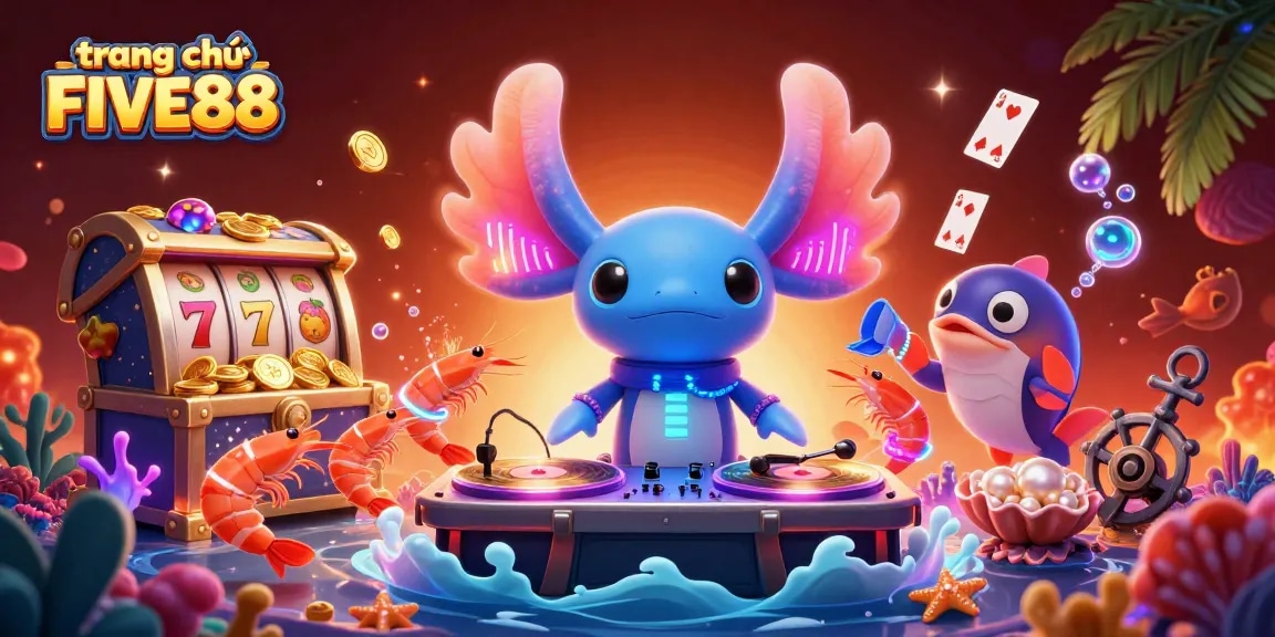 Experience excitement at trang chủ FIVE88 with vibrant cartoon characters and dynamic casino elements.