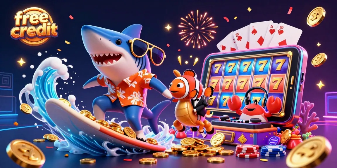 Surf the thrilling waves of free credit at online casinos with dynamic gaming icons and cheerful characters.