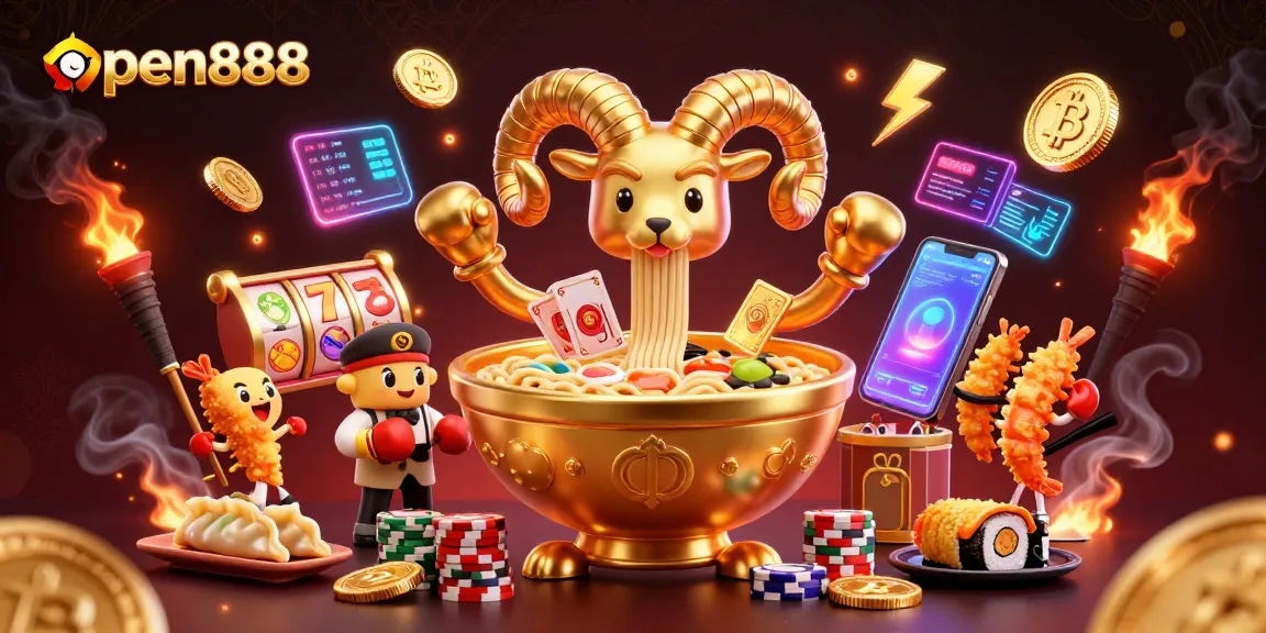 Experience the excitement of open888 with a vibrant, action-packed casino scene featuring neon coins and animated characters.