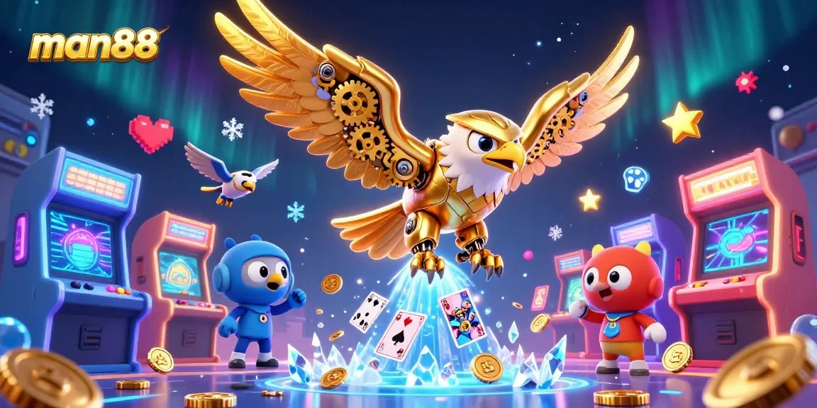Experience thrilling gameplay with man88, where a golden eagle dives through a cascade of holographic cards.