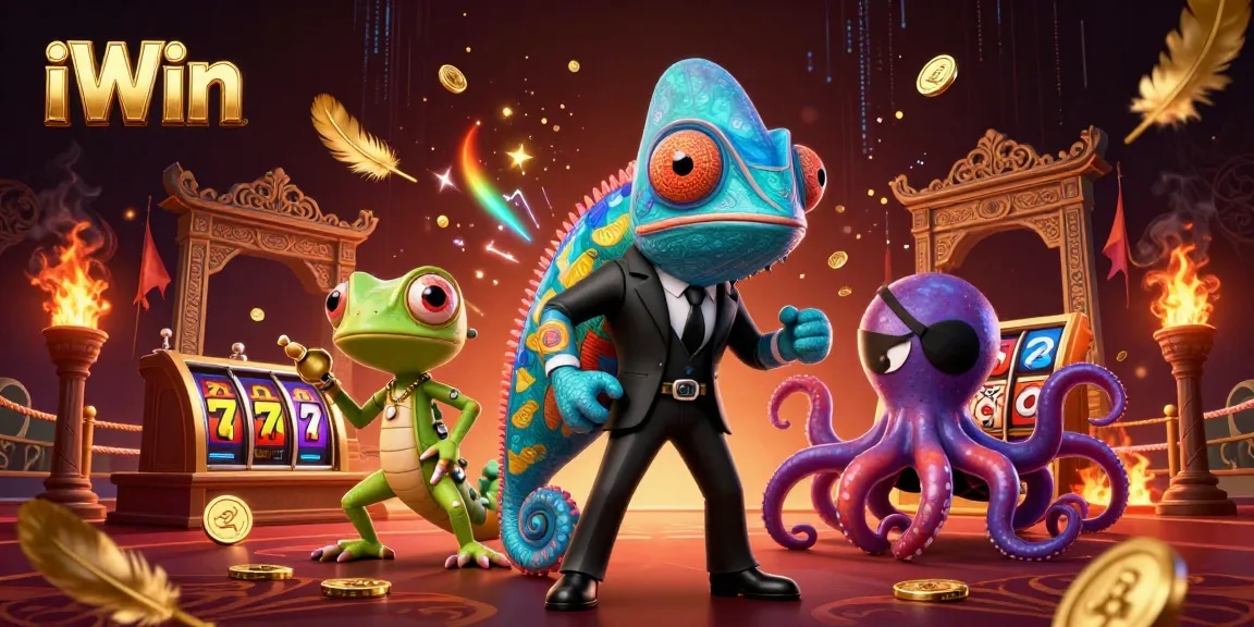 iWin features a 3D secret agent chameleon, tech-gecko, and villainous octopus amidst casino excitement and betting action.