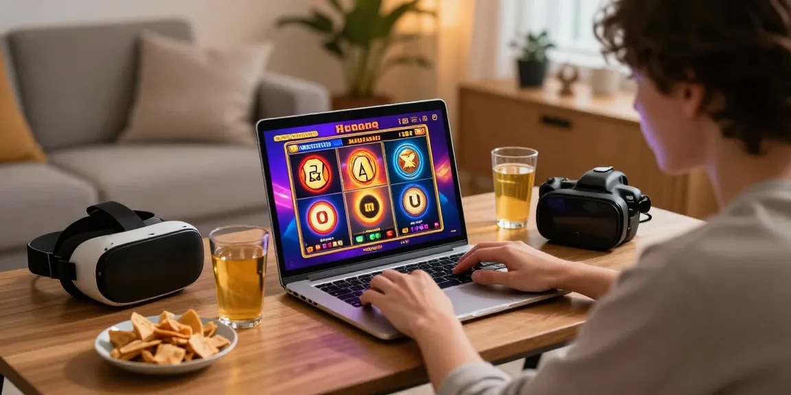 Exciting slot gaming experience on a laptop in a cozy home setting.