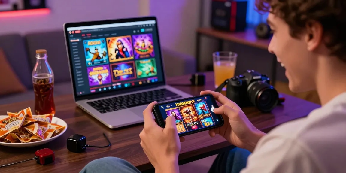 Player enjoying KO66 Casino mobile app with vibrant slots interface and cozy setup.