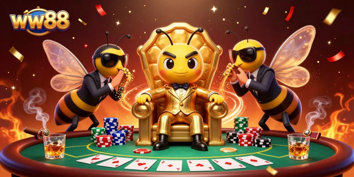 Experience intense gambling at ww88 with cartoon characters in a vibrant casino scene filled with poker elements.