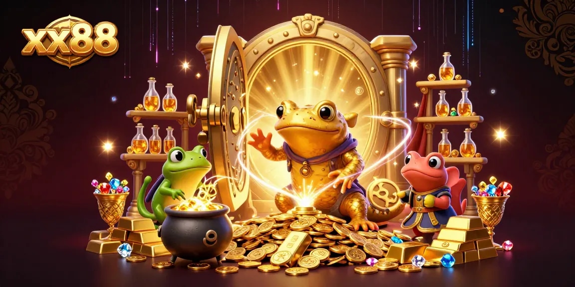 Experience thrilling moments at xx88 with golden treasures and magical game elements in a vibrant casino illustration.