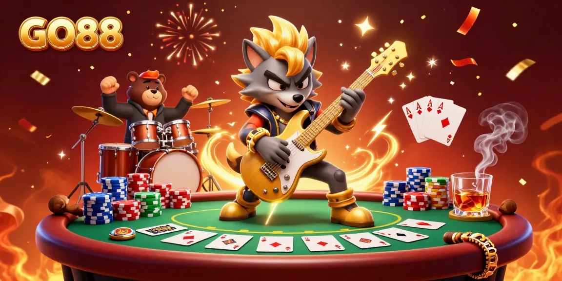 Experience thrilling casino action with GO88 featuring a vibrant rock star wolf and a dynamic bear drummer.