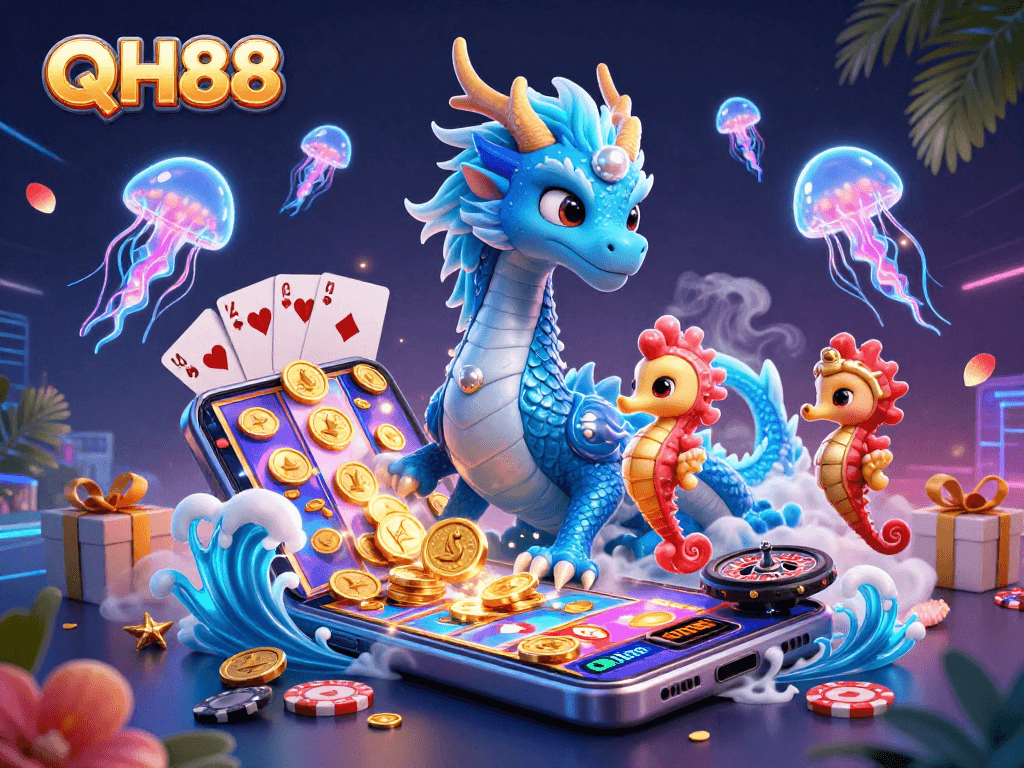 Engage with QH88 featuring a mystical water dragon amidst casino elements like slots and roulette.