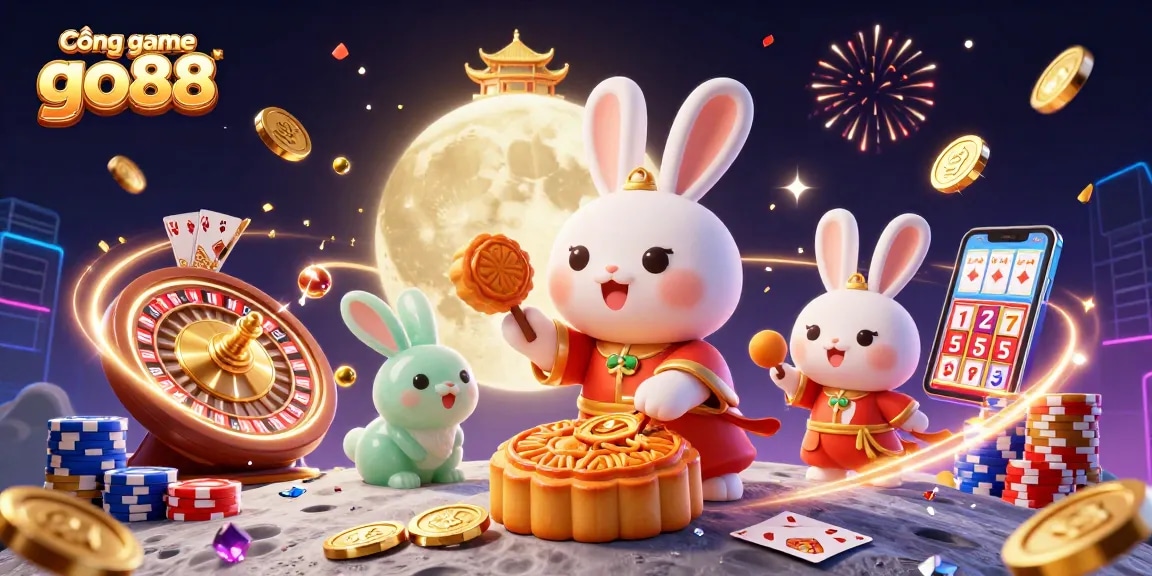 Cổng game go88 offers exciting online casino experiences with a vibrant 3D illustration featuring a moon rabbit and casino elements.