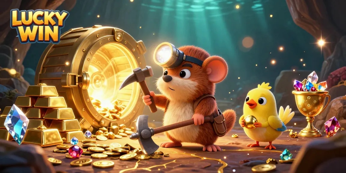 Engage in exciting gameplay at LUCKY WIN with vibrant treasure and casino themes illustrated.