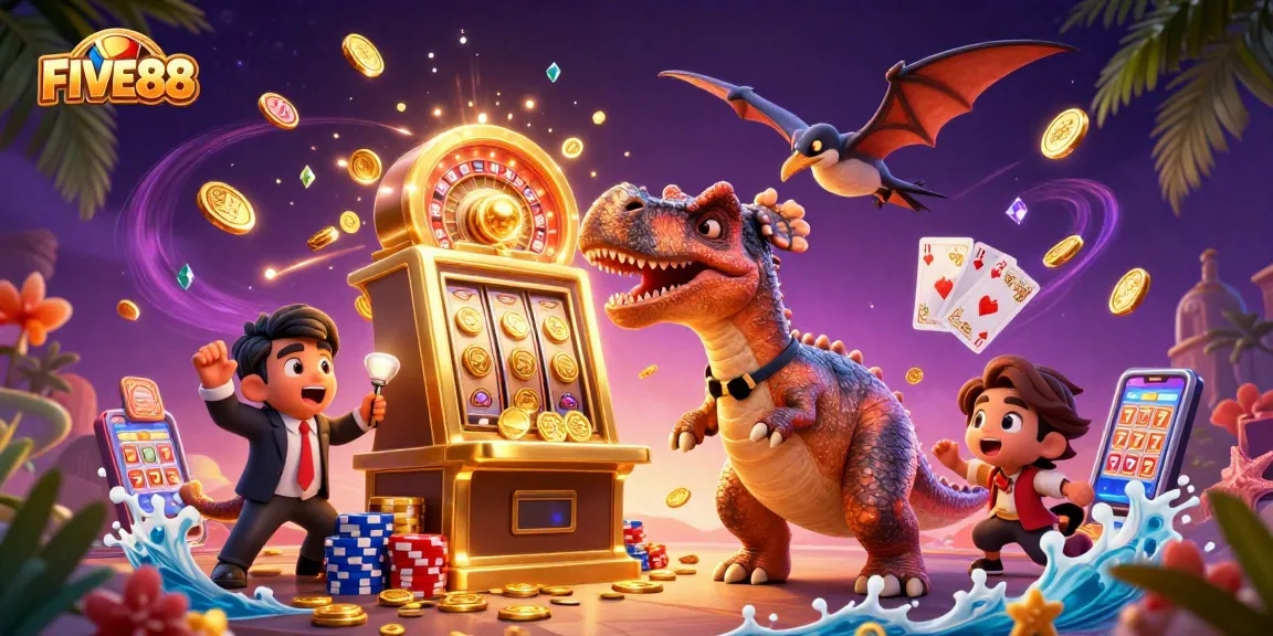FIVE88 casino adventure: a dinosaur pairs with a slot machine for a jackpot.