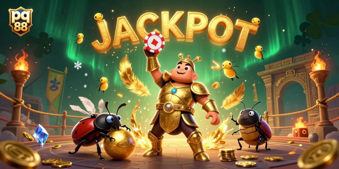 Immerse in pq 88 excitement with a heroic beetle celebrating a jackpot victory!