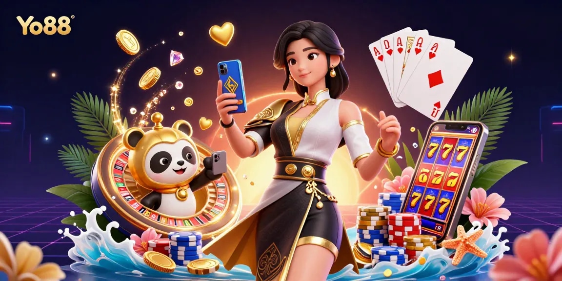 Experience the excitement at Yo88, featuring a vibrant gaming scene with golden coins and lucky wins.