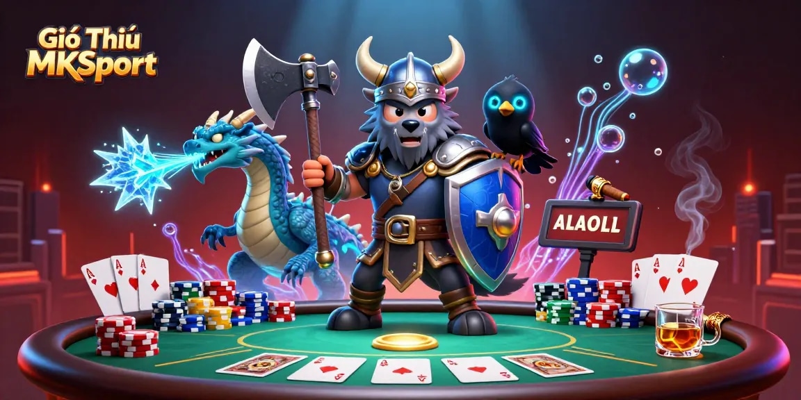 Experience the thrilling adventures of Giới Thiệu MKSport with a wolf warrior and fierce dragon at a poker table.