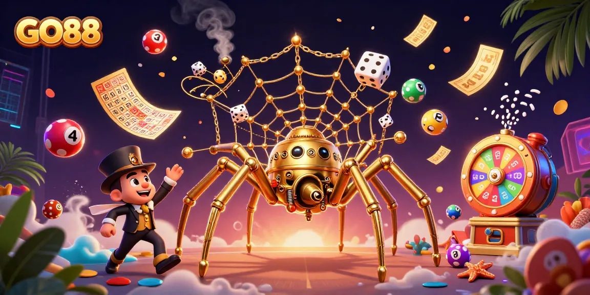 Win exciting games at GO88, featuring a steampunk spider and colorful casino elements.