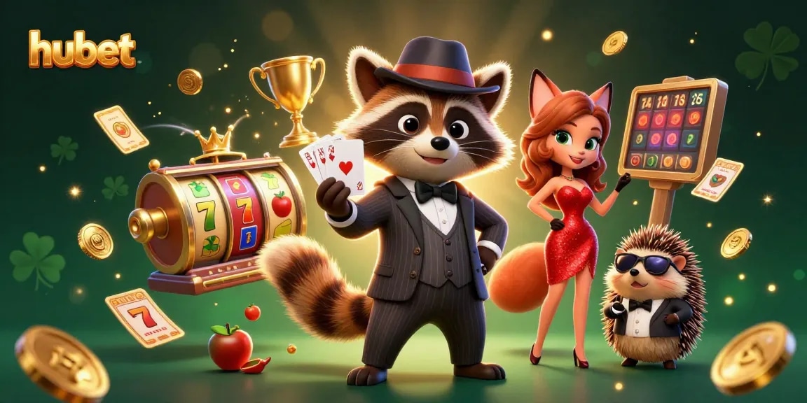 hubet players winning big at a casino, with dynamic elements like slot reels and golden trophies.