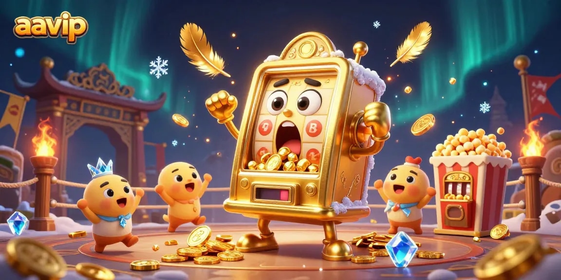 Witness aavip's exciting jackpot moment with animated golden slot machines celebrating big wins.