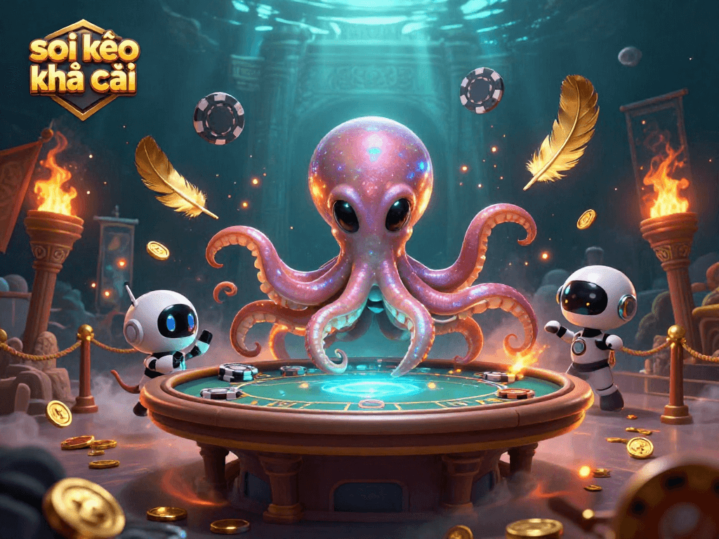 Engage in exciting bets with soi kèo nhà cái at a holographic poker table in a vibrant casino scene.
