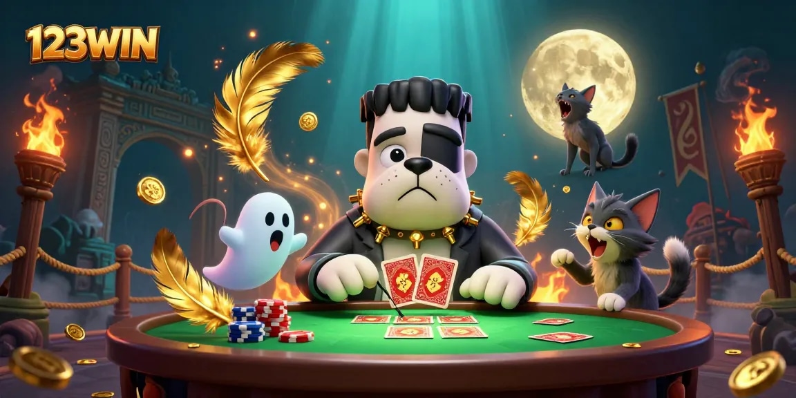 Experience the excitement of 123WIN with a cartoon monster dealer and playful elements in a casino setting.