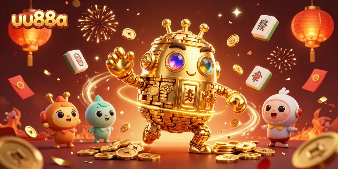 Engage with uu88a's vibrant gaming experience featuring a dynamic golden golem, slot machine symbols, and festive decorations.