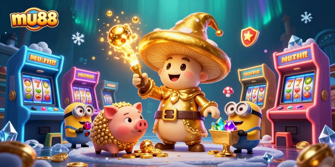 Experience thrilling gameplay at mu88 with vibrant 3D casino-themed characters and slot machines.
