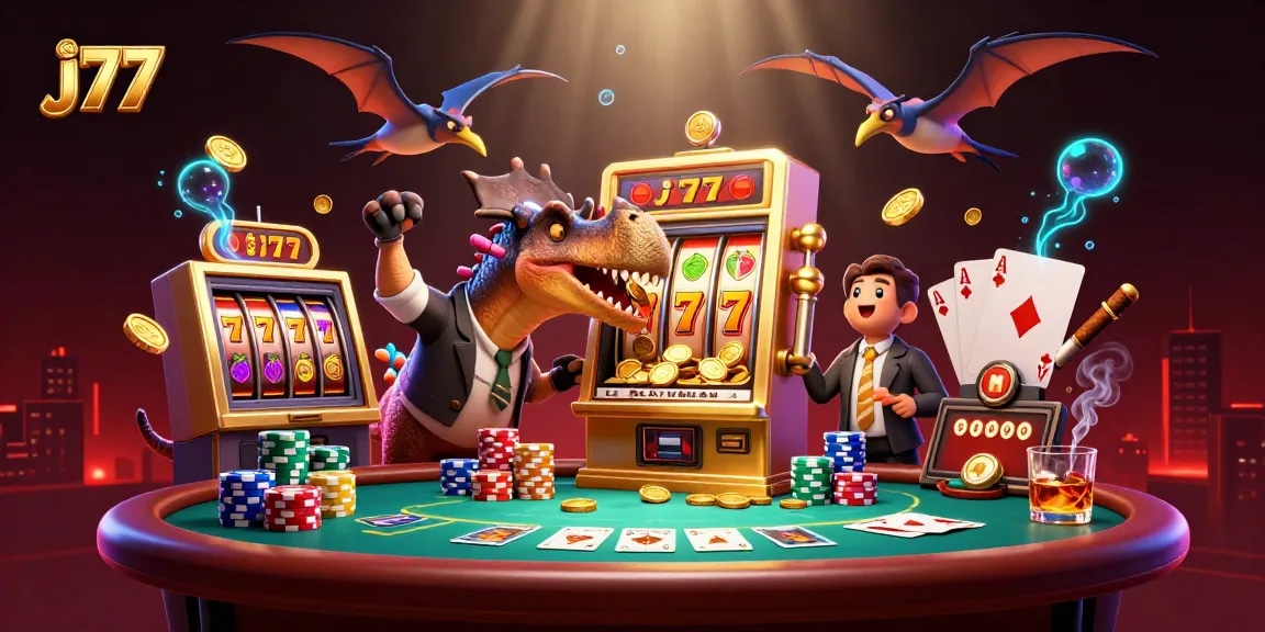 Experience the thrill of j77 as animated dinosaurs engage in high-stakes casino action with vibrant slot machines.
